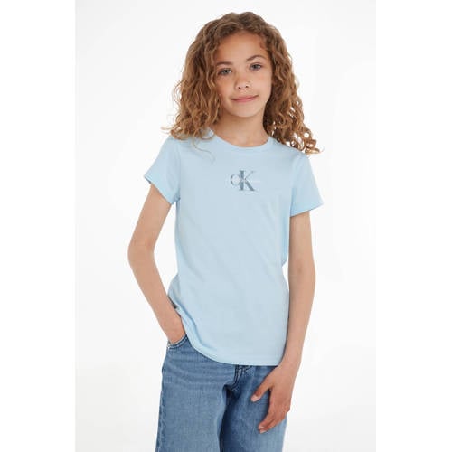 Calvin Klein T-shirt met logo lichtblauw Meisjes Katoen Ronde hals Logo