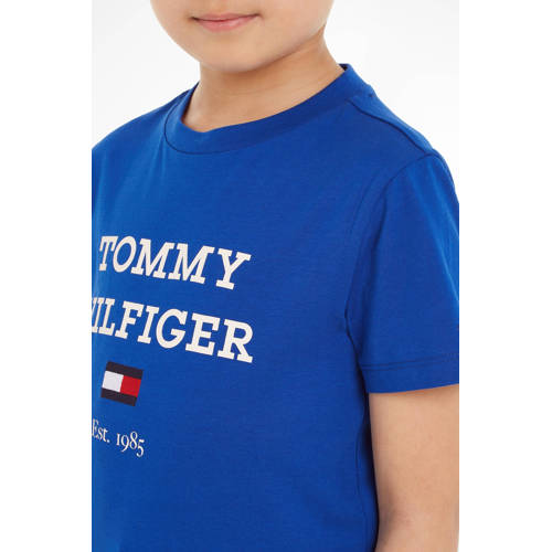 Tommy Hilfiger T-shirt met tekst helderblauw Jongens Katoen Ronde hals 92