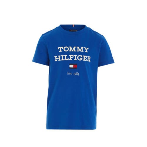 Tommy Hilfiger T-shirt met tekst helderblauw Jongens Katoen Ronde hals