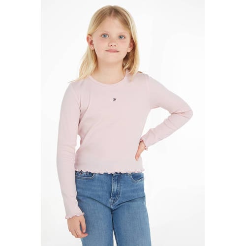 Tommy Hilfiger ribgebreide longsleeve met logo lichtroze Meisjes Katoen Ronde hals 140