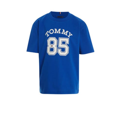 Tommy Hilfiger T-shirt met tekst helderblauw/wit Jongens Katoen Ronde hals