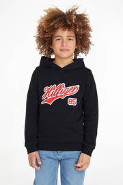 thumbnail: Zwart en rode jongens Tommy Hilfiger hoodie van katoen met tekst print, lange mouwen, capuchon en elastische boord