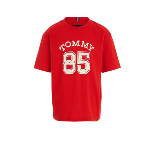 Tommy Hilfiger T-shirt met tekst rood Jongens Katoen Ronde hals Tekst