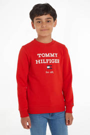 thumbnail: Rode jongens Tommy Hilfiger sweater met tekst print, lange mouwen, ronde hals en elastische boord