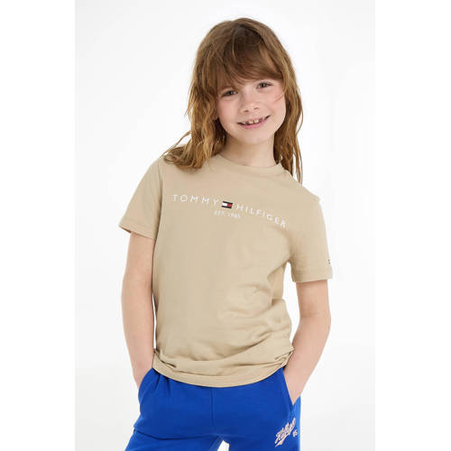 Tommy Hilfiger T-shirt met logo beige Jongens Meisjes Katoen Ronde hals 92