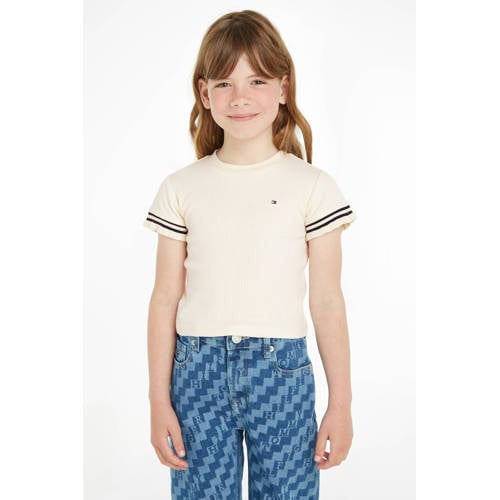 Tommy Hilfiger ribgebreid T-shirt met logo ecru Meisjes Katoen Ronde hals 104