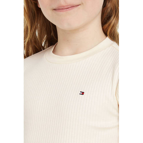 Tommy Hilfiger ribgebreid T-shirt met logo ecru Meisjes Katoen Ronde hals 104