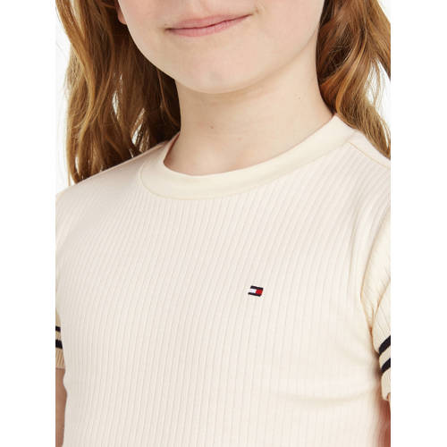Tommy Hilfiger ribgebreid T-shirt met logo ecru Meisjes Katoen Ronde hals 110