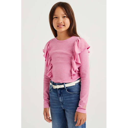 WE Fashion longsleeve met ruches roze Meisjes Polyester Ronde hals 