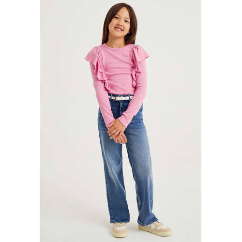 WE Fashion longsleeve met ruches roze Meisjes Polyester Ronde hals 110 116