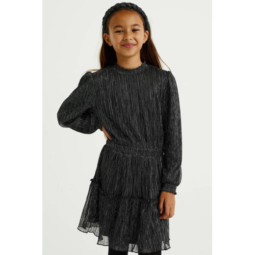 WE Fashion semi-transparante jurk met glitters zwart zilver Meisjes Polyester Ronde hals 98 104
