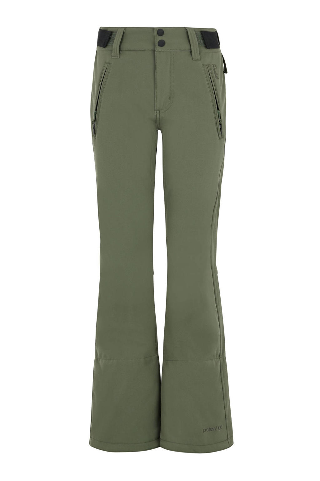 Olijfgroene meisjes Protest softshell skibroek Lole Jr. met rits- en drukknoopsluiting en effen
