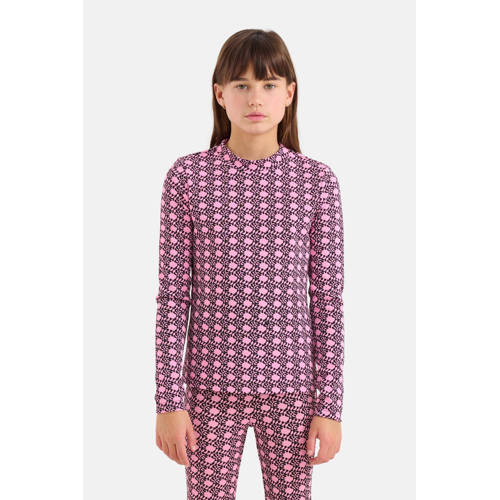 Shoeby longsleeve met all over print roze zwart Meisjes Katoen Ronde hals 98 104