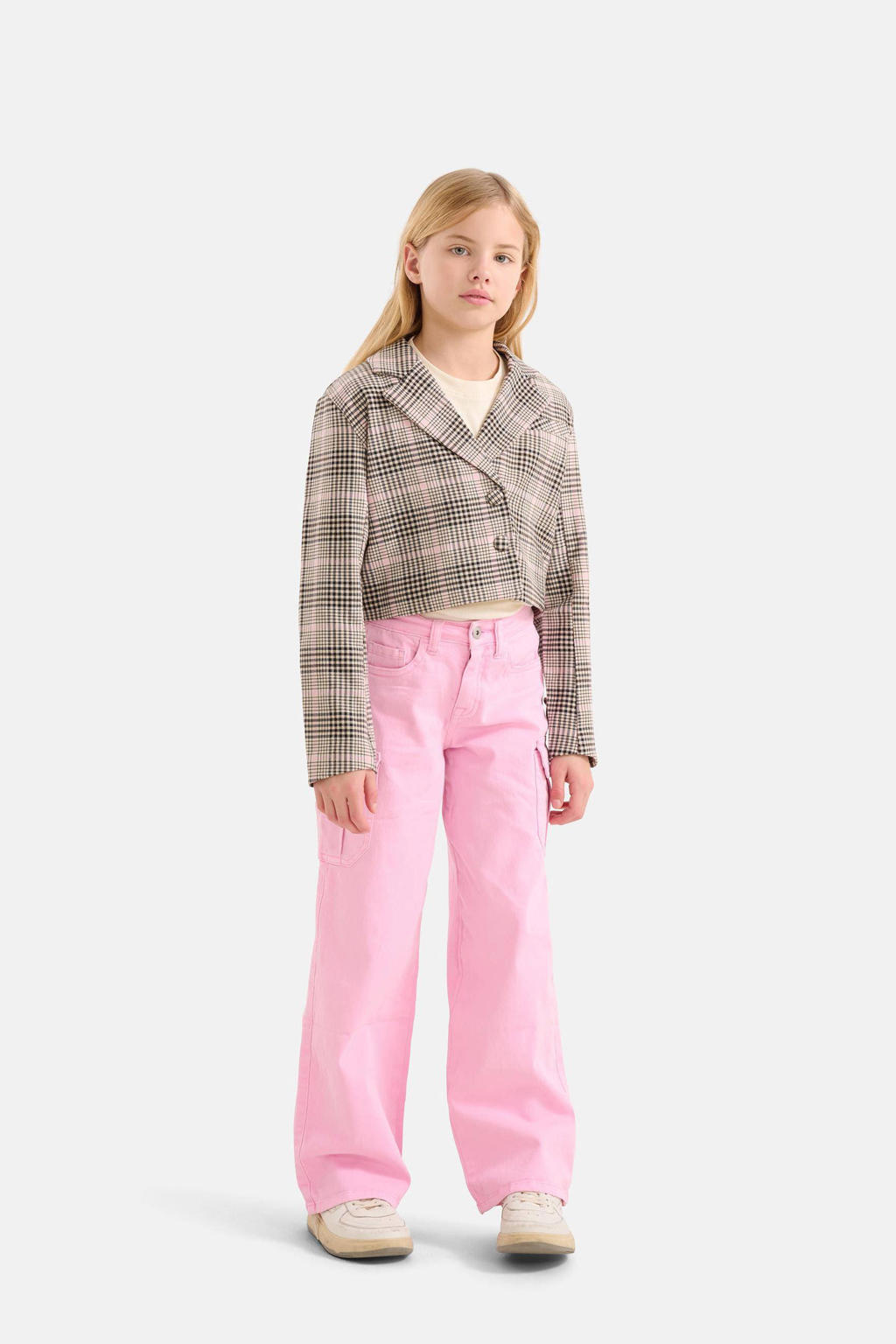 Roze meisjes Shoeby regular fit cargobroek van katoen met rits- en knoopsluiting en effen