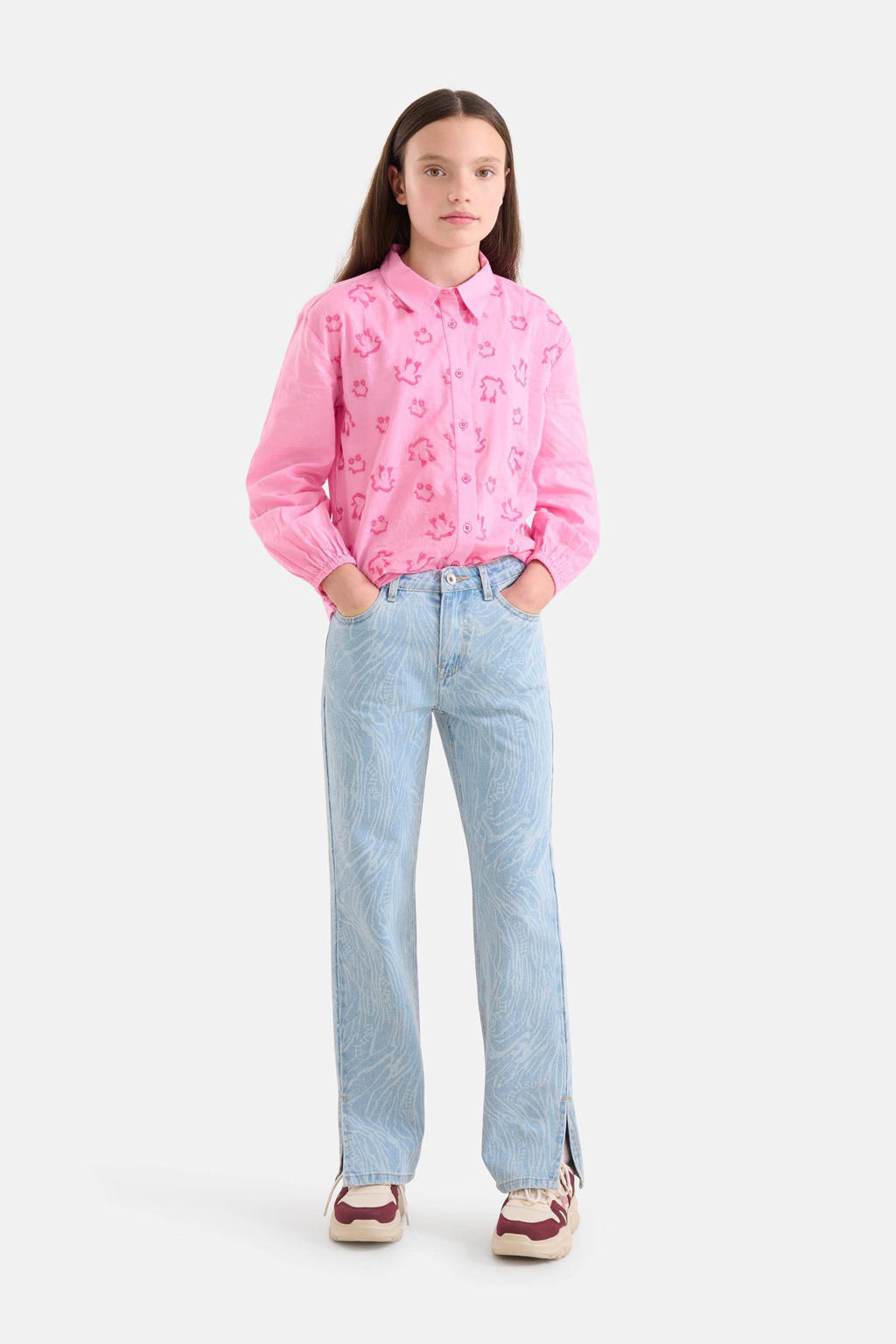 Light blue denim meisjes Shoeby loose fit jeans van denim met regular waist en rits- en knoopsluiting