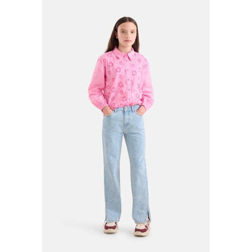 Shoeby loose fit jeans met all over print light blue denim bleached Blauw 128