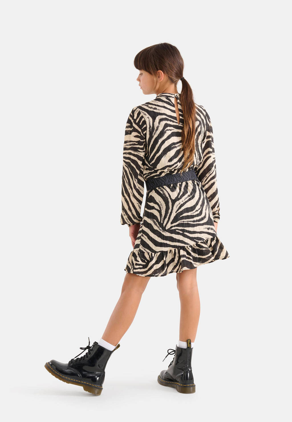 Shoeby jurk met zebraprint en ruches zwart/offwhite