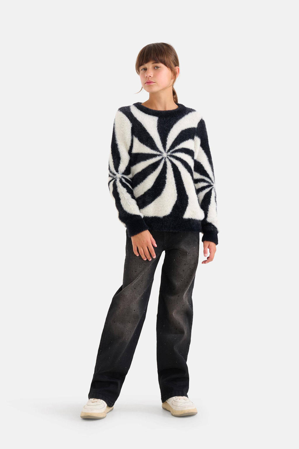 Zwart en witte meisjes Shoeby trui van polyamide met all over print, lange mouwen en ronde hals