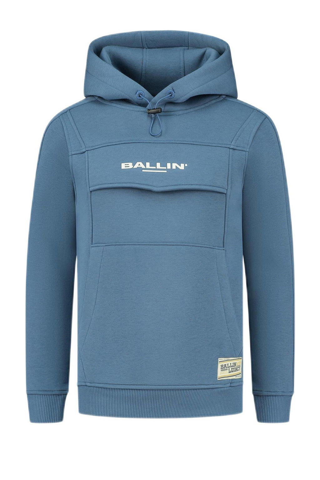 Blauwe jongens Ballin hoodie van sweat materiaal met logo dessin, lange mouwen, capuchon en geribde boorden