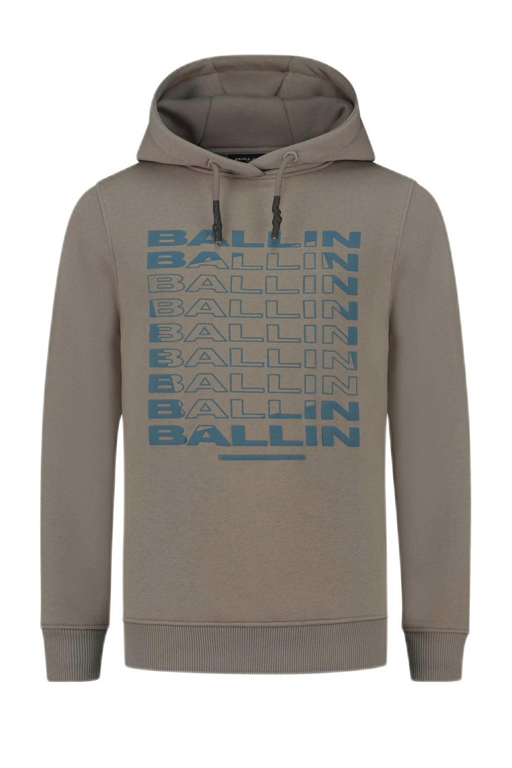 Taupe jongens Ballin hoodie van sweat materiaal met printopdruk, lange mouwen, capuchon en geribde boorden