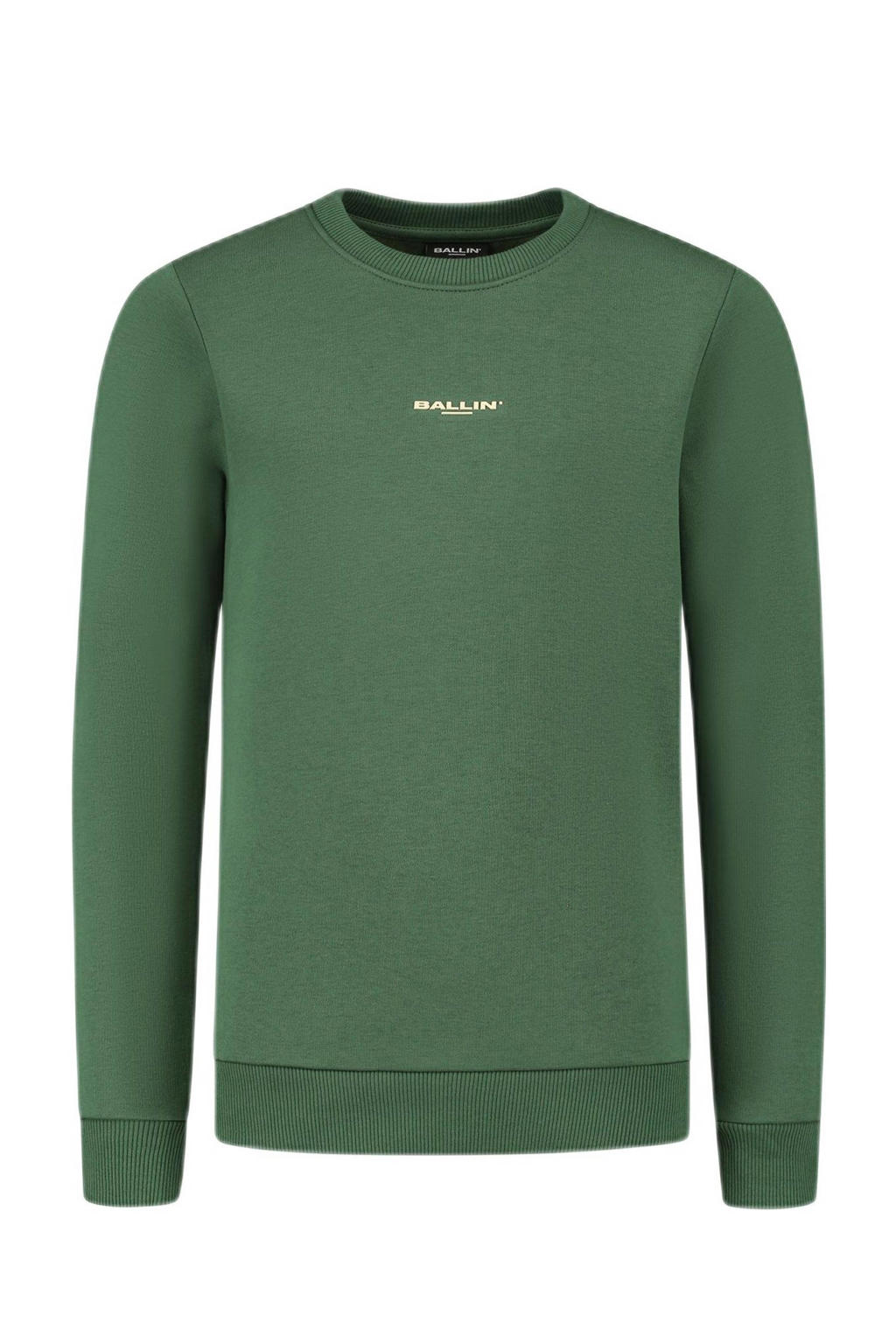 Groene jongens Ballin sweater met backprint, lange mouwen, ronde hals en geribde boorden