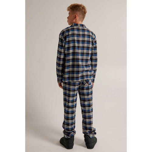America Today geruite pyjamatop Nathan JR donkerblauw zwart wit Jongens Katoen Klassieke kraag 134 140
