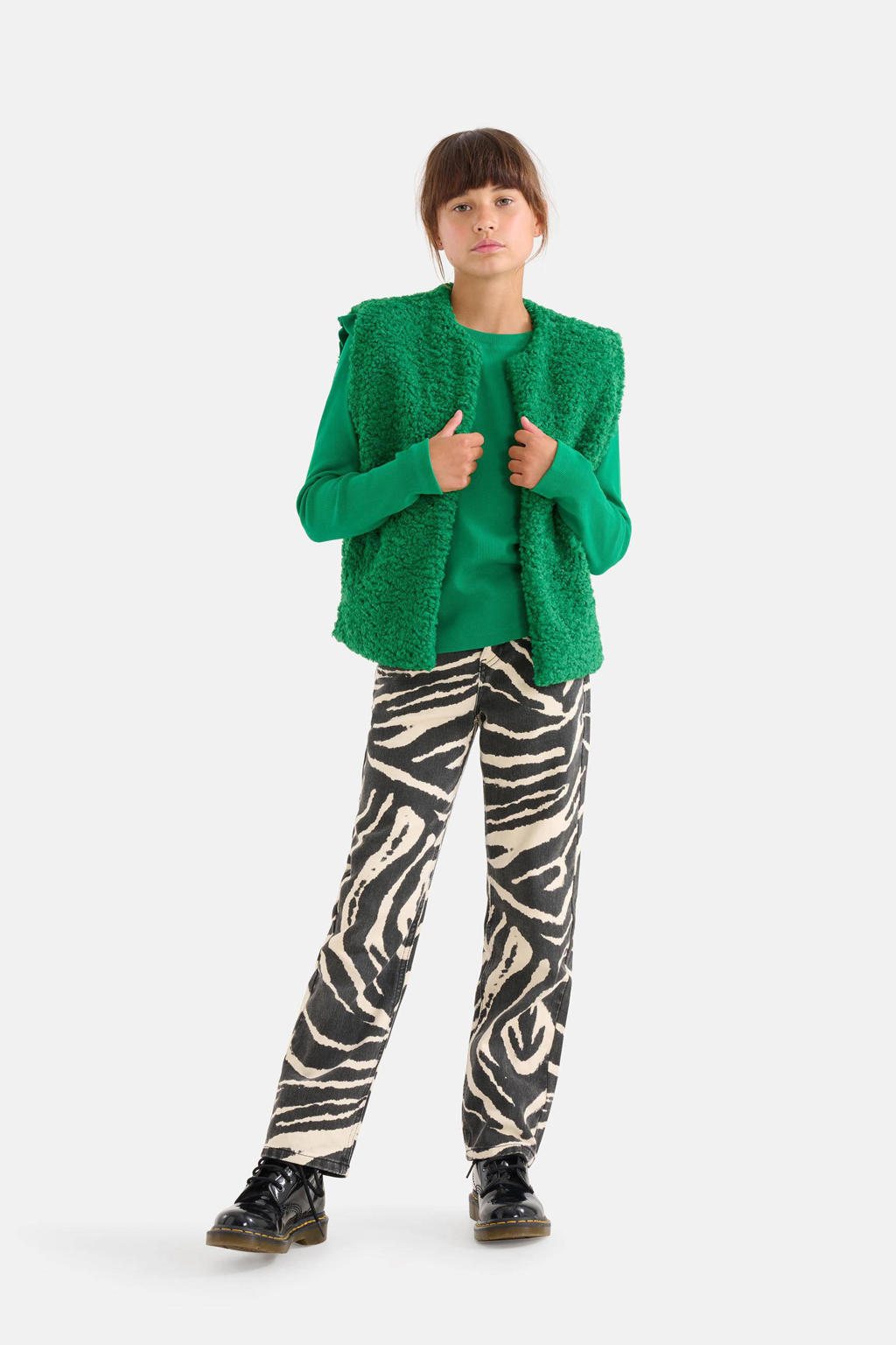 Groene meisjes Shoeby gilet van teddy materiaal met effen, openvallende hals en teddy detail