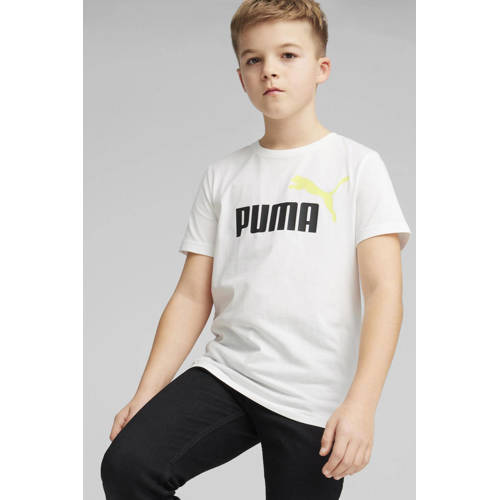 Puma T-shirt Essential+ met logo wit limegroen zwart Jongens Katoen Ronde hals 116