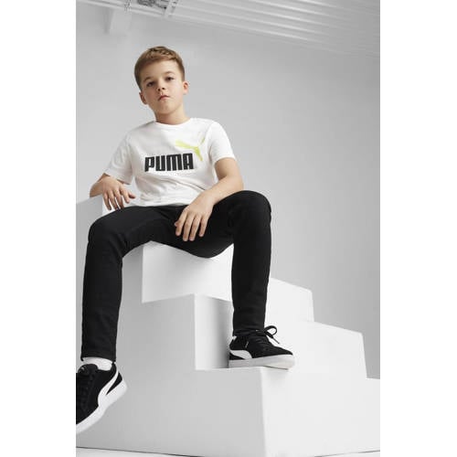 Puma T-shirt Essential+ met logo wit limegroen zwart Jongens Katoen Ronde hals 116