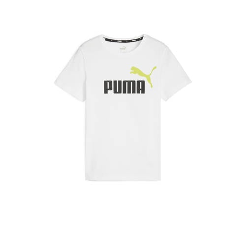 Puma T-shirt Essential+ met logo wit/limegroen/zwart Jongens Katoen Ronde hals