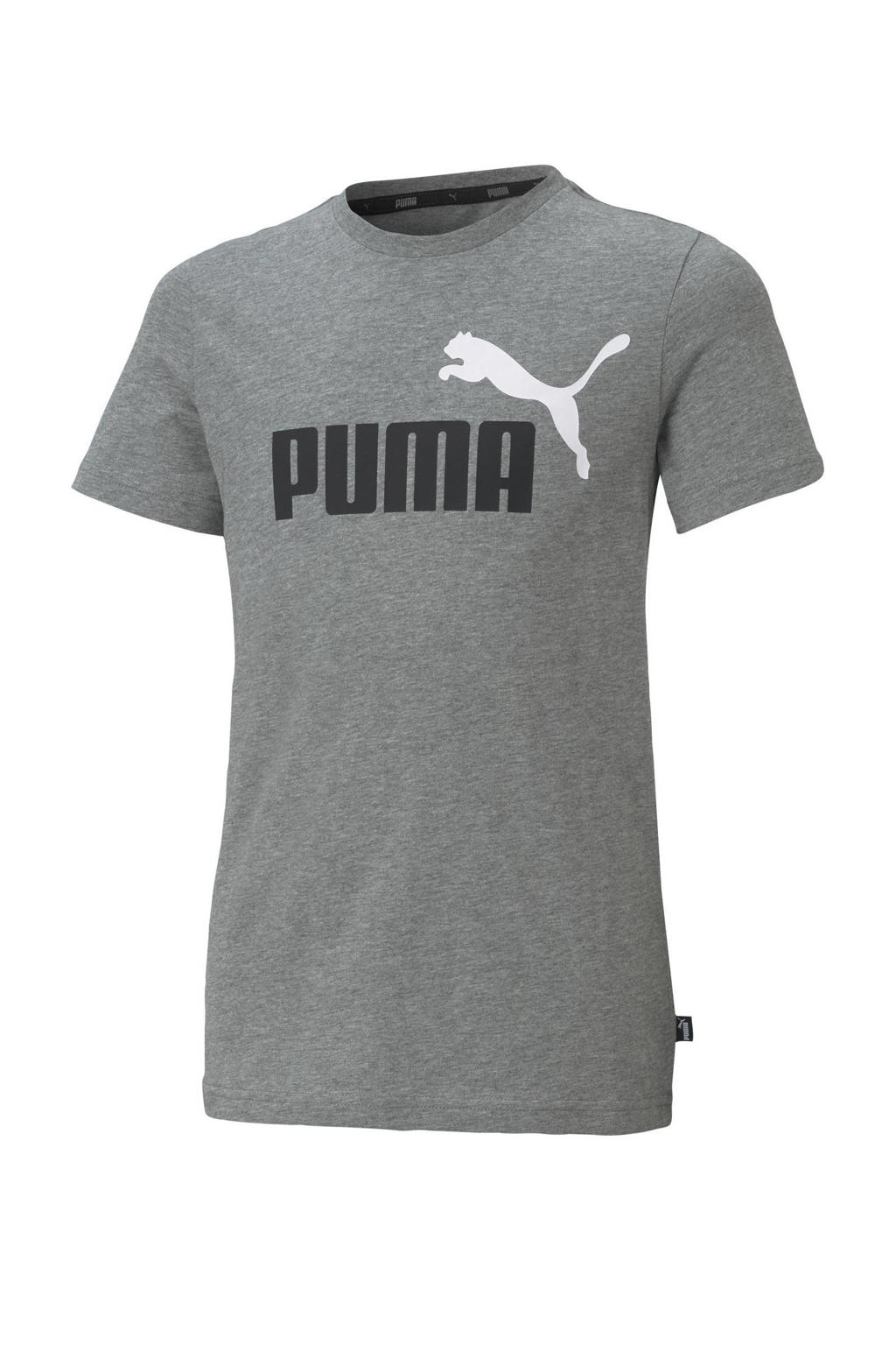 Grijs melange jongens Puma T-shirt melange van katoen met logo dessin, korte mouwen en ronde hals