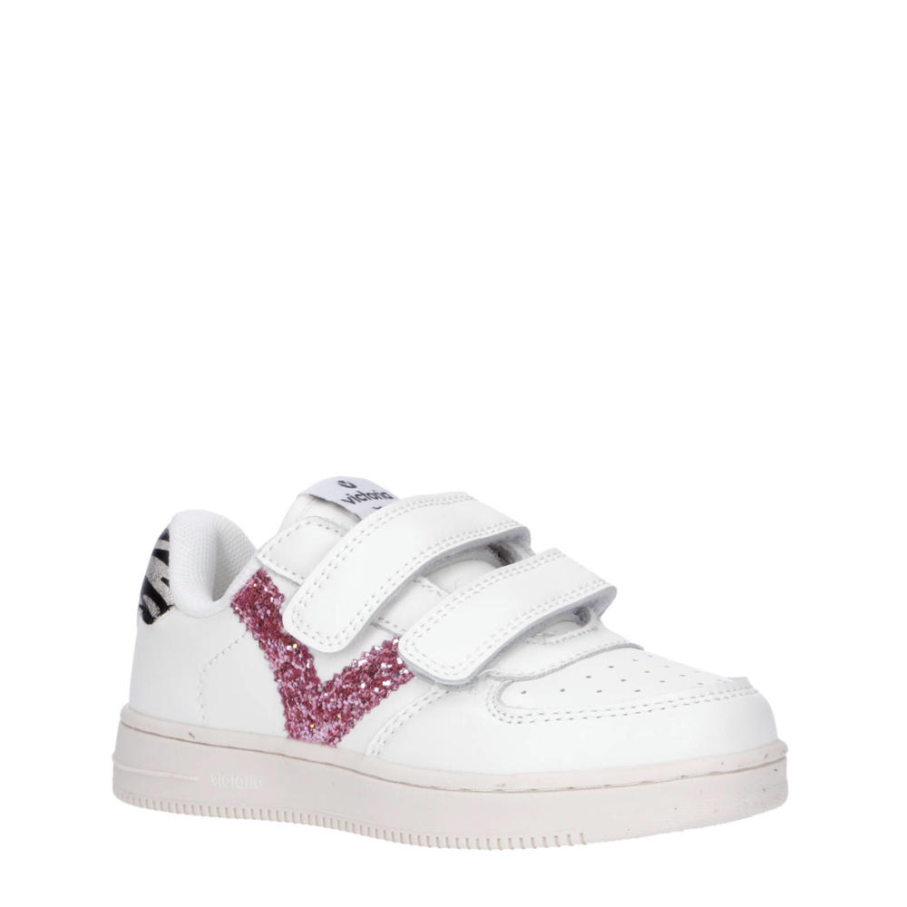 Wit en oudroze meisjes Victoria sneakers van imitatieleer met klittenband