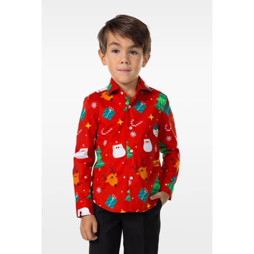 OppoSuits overhemd Festivity met all over print rood multicolor Jongens Stretchkatoen Klassieke kraag 98 104