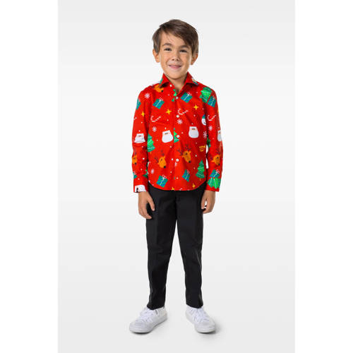 OppoSuits overhemd Festivity met all over print rood multicolor Jongens Stretchkatoen Klassieke kraag 122 128