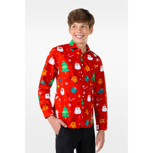 OppoSuits overhemd Festivity met all over print rood/multicolor Jongens Stretchkatoen Klassieke kraag