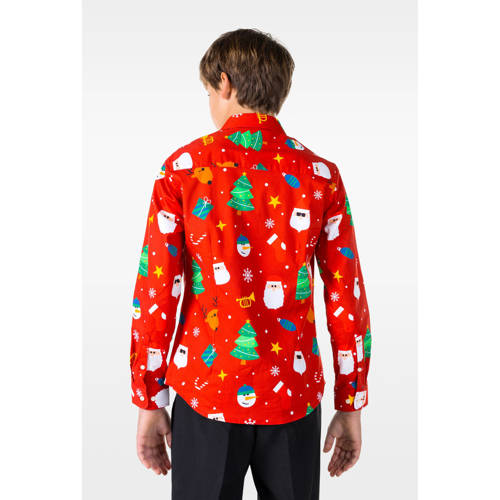 OppoSuits overhemd Festivity met all over print rood multicolor Jongens Stretchkatoen Klassieke kraag 122 128