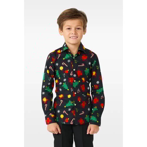OppoSuits overhemd Christmas Icons met all over print zwart multicolor Jongens Stretchkatoen Klassieke kraag 98 104