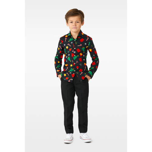 OppoSuits overhemd Christmas Icons met all over print zwart multicolor Jongens Stretchkatoen Klassieke kraag 122 128