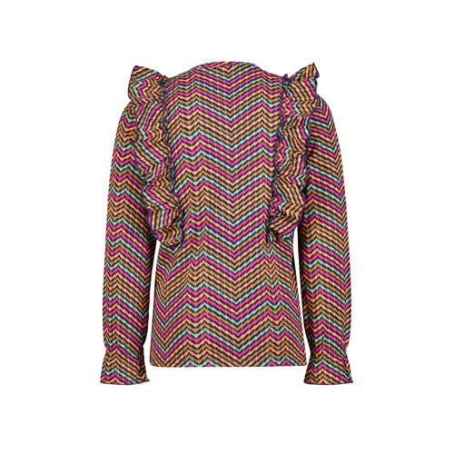 4PRESIDENT top Hailee met grafische print en ruches fuchsia multicolor Roze Meisjes Stretchkatoen Ronde hals 110