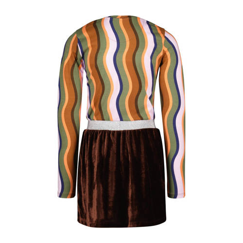 4PRESIDENT jurk Hanako met grafische print en glitters bruin multicolor Meisjes Stretchkatoen Ronde hals 104