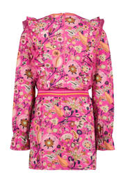 thumbnail: Roze en multikleurige meisjes 4PRESIDENT jurk Henna met ruches van viscose met all over print, lange mouwen en ronde hals
