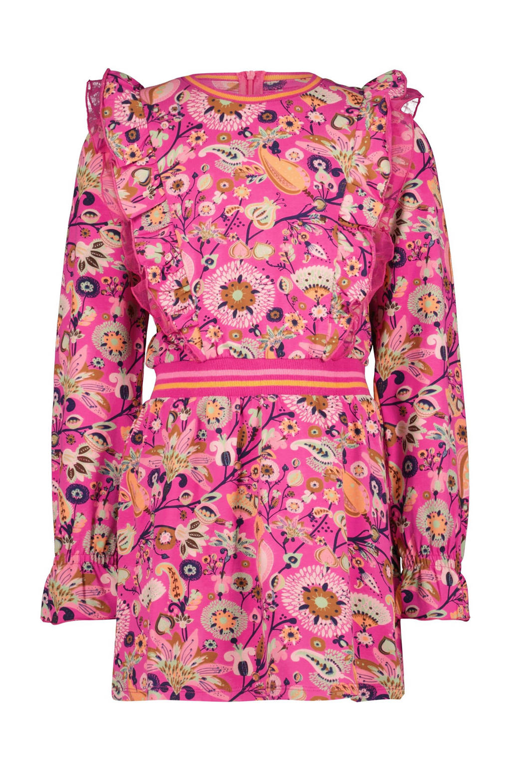 Roze en multikleurige meisjes 4PRESIDENT jurk Henna met ruches van viscose met lange mouwen, ronde hals en elastische tailleband