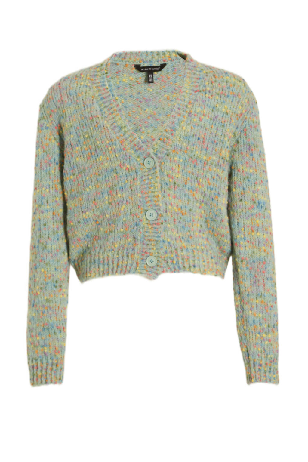 Lichtgroene meisjes Me & My Monkey gebreide vest Pui met stippenprint, lange mouwen, V-hals en knoopsluiting