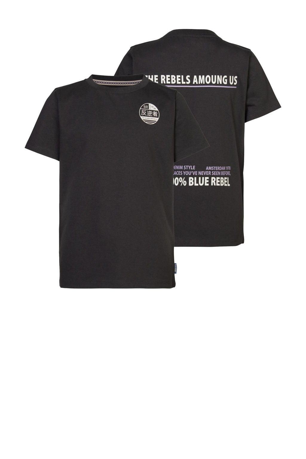Zwarte jongens Blue Rebel T-shirt Jeremy van katoen met tekst print, korte mouwen en ronde hals