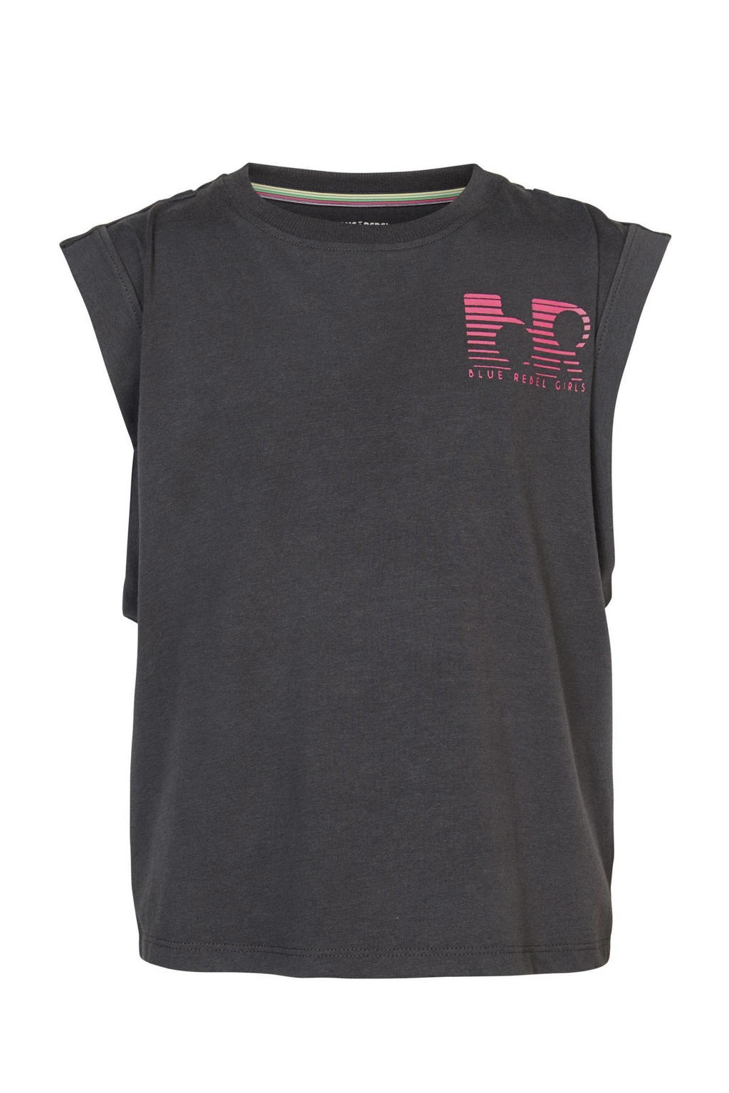 Zwarte meisjes Blue Rebel T-shirt Indiana van katoen met effen, kapmouwtjes en ronde hals