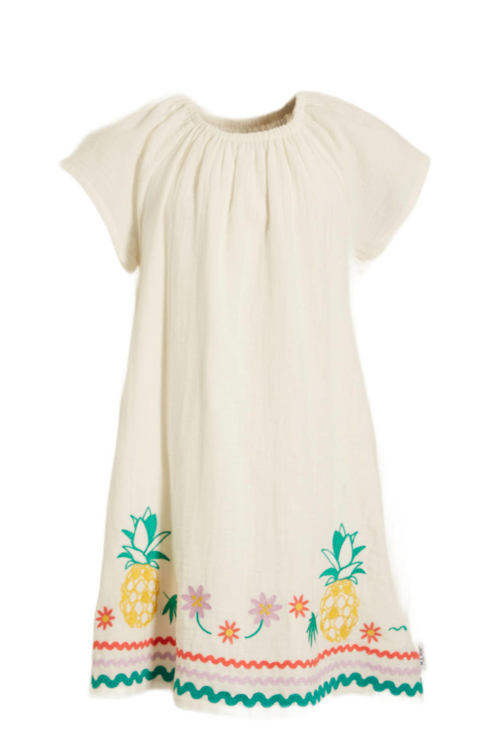 Witte meisjes Me & My Monkey jurk Pippa van katoen met bloemenprint, korte mouwen, ronde hals en elastische tailleband