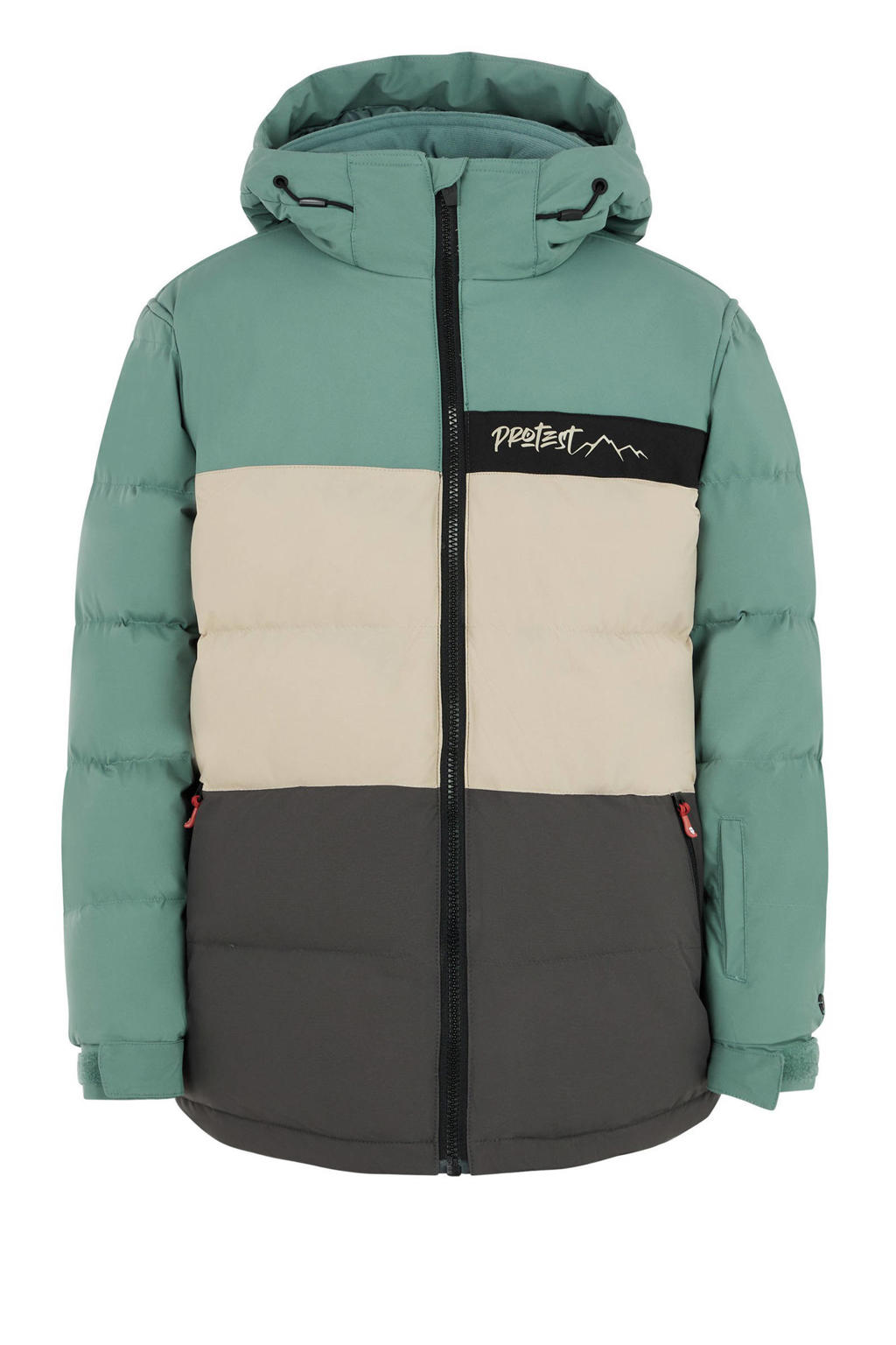 Donkergroene jongens Protest ski-jack van polyester met meerkleurige print, capuchon en winddichte rits