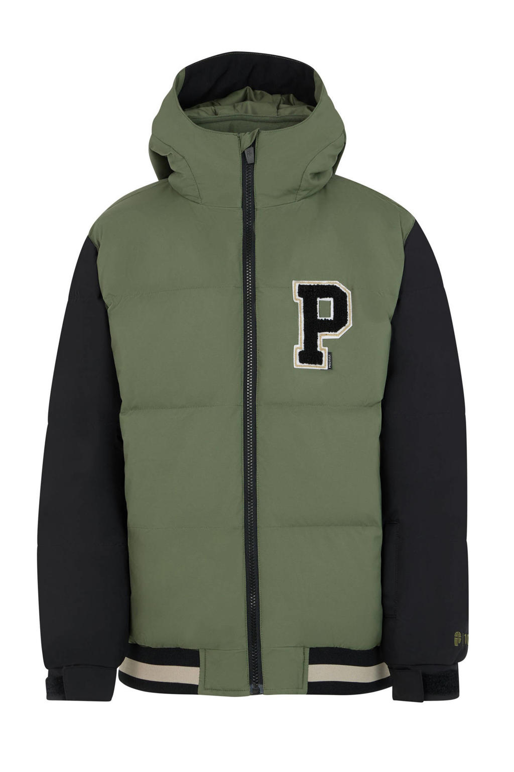 Groene jongens Protest ski-jack van polyester met meerkleurige print, capuchon en rits met windvanger