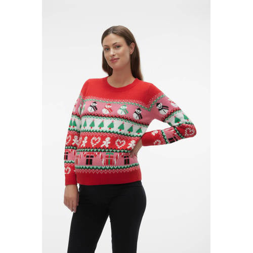 VERO MODA MATERNITY gebreide zwangerschapstrui VMMXMASMiX met all over print rood multicolor Dames Acryl Ronde hals S