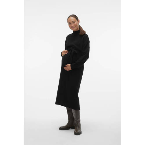 VERO MODA MATERNITY gebreide zwangerschapsjurk VMMKADEN met ceintuur zwart Dames Dons Opstaande kraag M